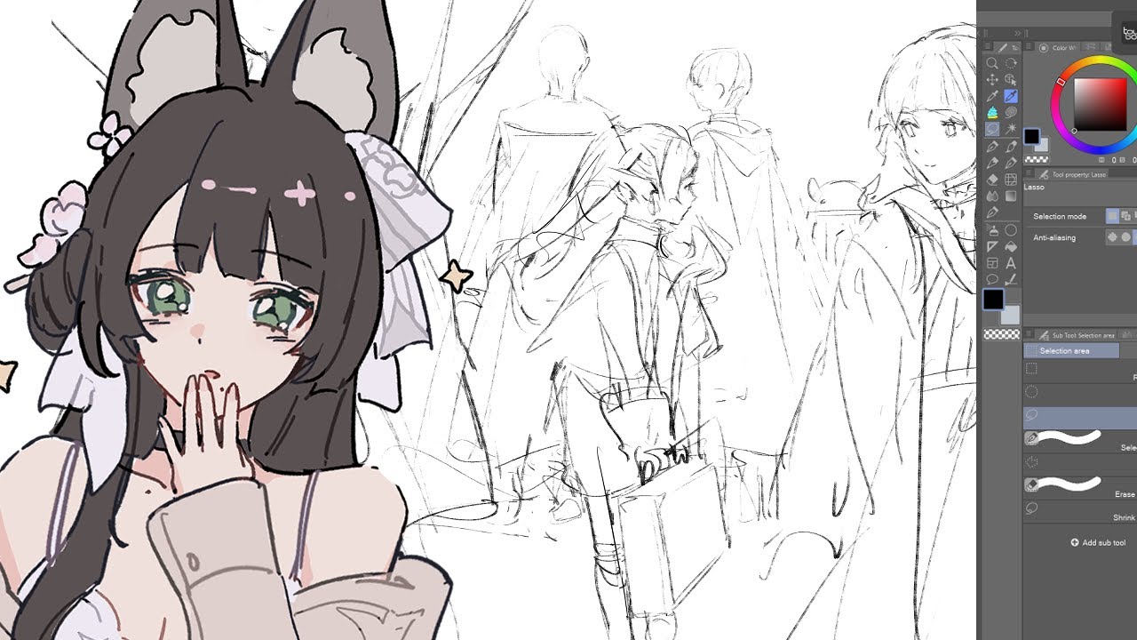 Work in progress drawing of a fox eared girl with sakura flowers in her hair, sketch studies behind her